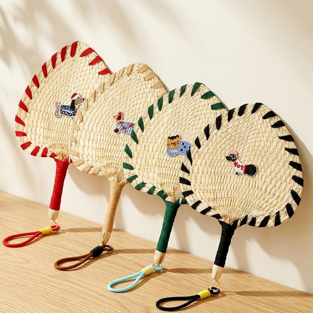 Cute Handmade Straw Woven Fan Animal Pattern Cartoon Hand-Cranked Fan Hanging Embroidered Patches Decorative Fan Photography