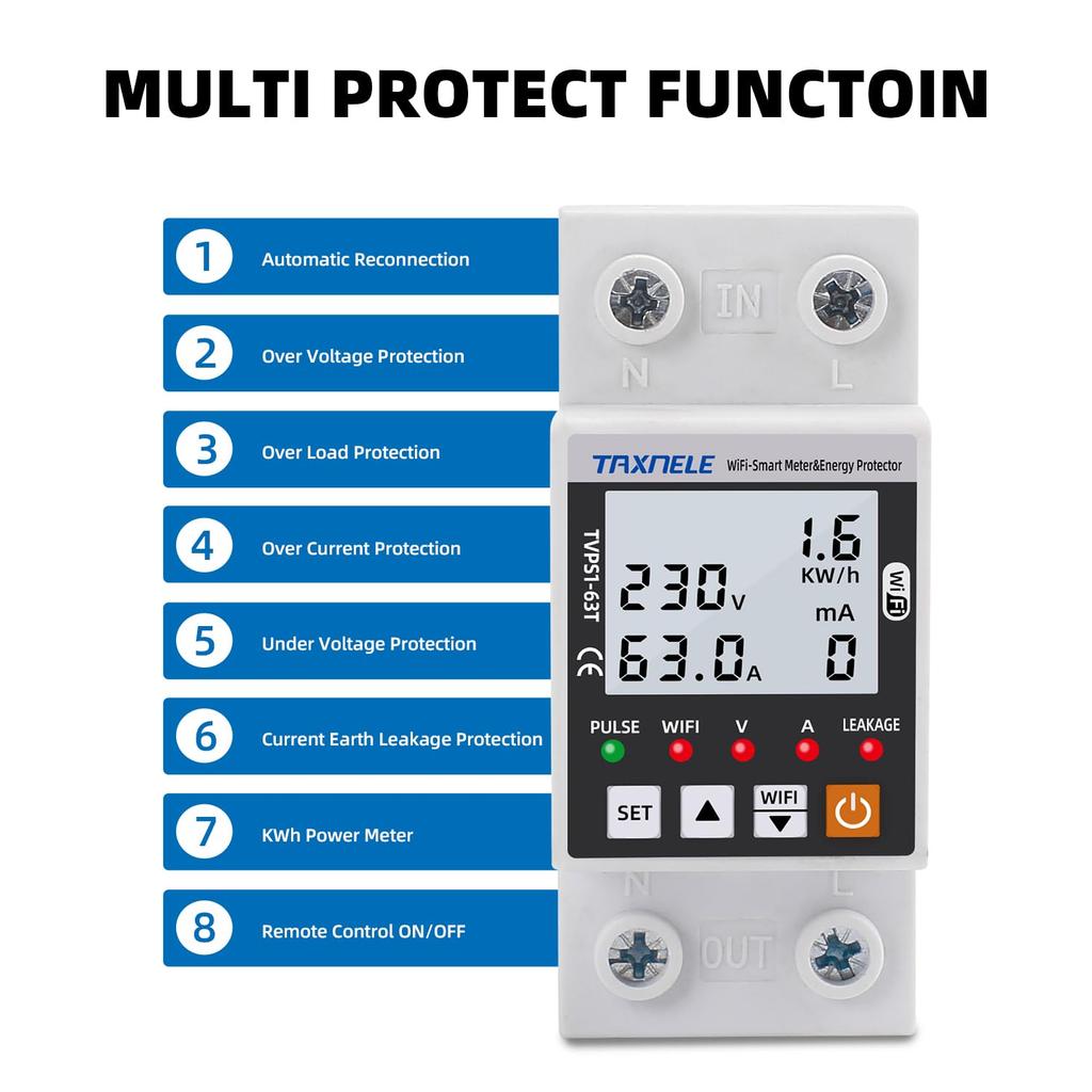 WiFi Smart Energy Meter AC 63A 80-300V WiFi Smart Earth Leakage Over Under Voltage Protector Relay Device Switch Breaker Energy Power kWh Meter Smart