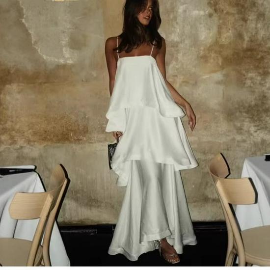 

2025 Summer Solid Color Ruffle Camisole Dress - European & American Style Casual Fashion Medium білий