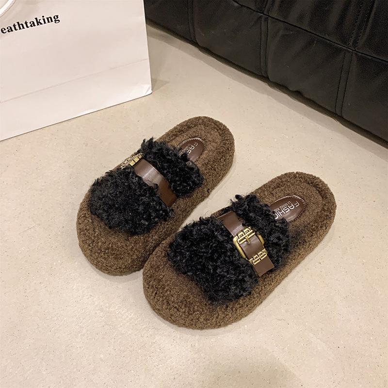 Retro thick-soled fluffy slippers women's outer wear 2025 autumn and winter Korean version comfortable curly slippers one-word cotton towing women's 