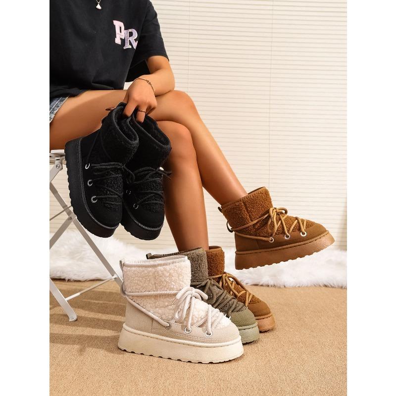 Women's Snow Boots 2025 New Winter Style: Fleece-Lined, Thickened, Height-Enhancing, Thick-Sole Cotton Boots with Lace-Up Design Warm Cotton Shoes
