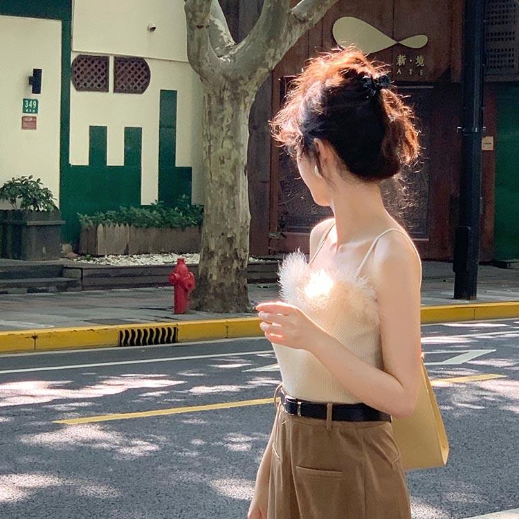 Two- Piece Sweaters Women Korean Fashion Long Sleeve Knitted Cardigan Woman + Fluff Camisole Sweet Camisole Female  C-036