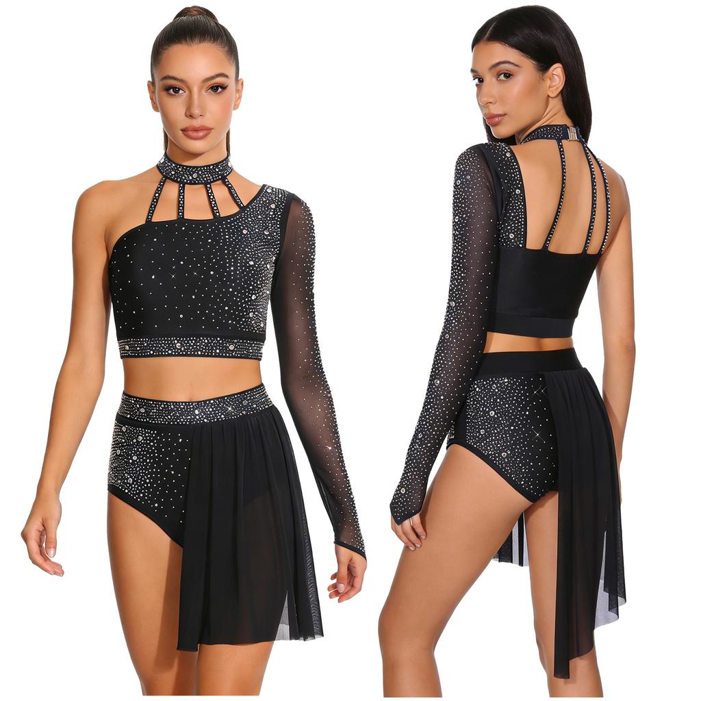 Women's Latin Dance Costume S-XXL: Asymmetrical Halter Top with Single Sleeve & Stappy Back + Rhinestone Mesh Hem Shorts