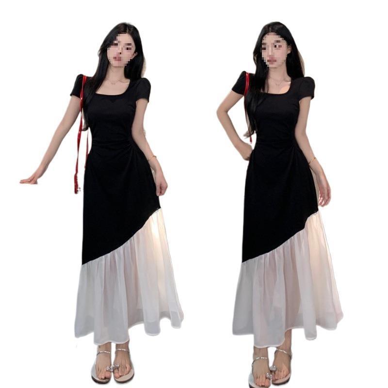 Large size women's clothing summer Hepburn style black and white contrasting color splicing dress square collar waist thin temperament long dress