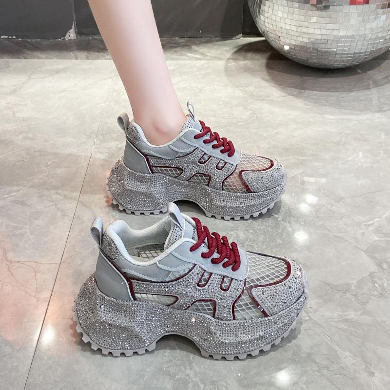 Fashion Luxury Designer Women's Shoes New Rhinestone Women's Sneakers Breathable Hollow Mesh Casual Platform Shoes Zapatos Mujer 7 Cm