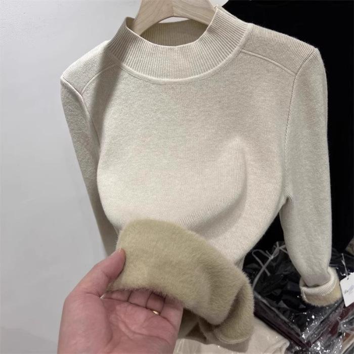 Core-spun yarn integrated fleece, autumn and winter half-height round neck fleece thickened solid color knitted sweater for women