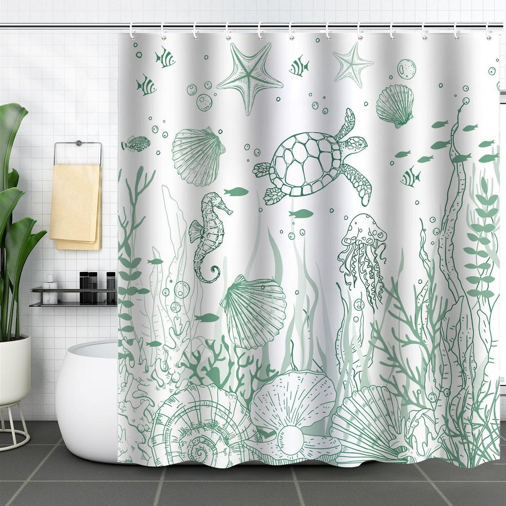 Shower Curtain Waterproof And Mildew-Proof Digital Printing Starfish Shell Shower Curtain Bathroom Partition Curtain Free Punching