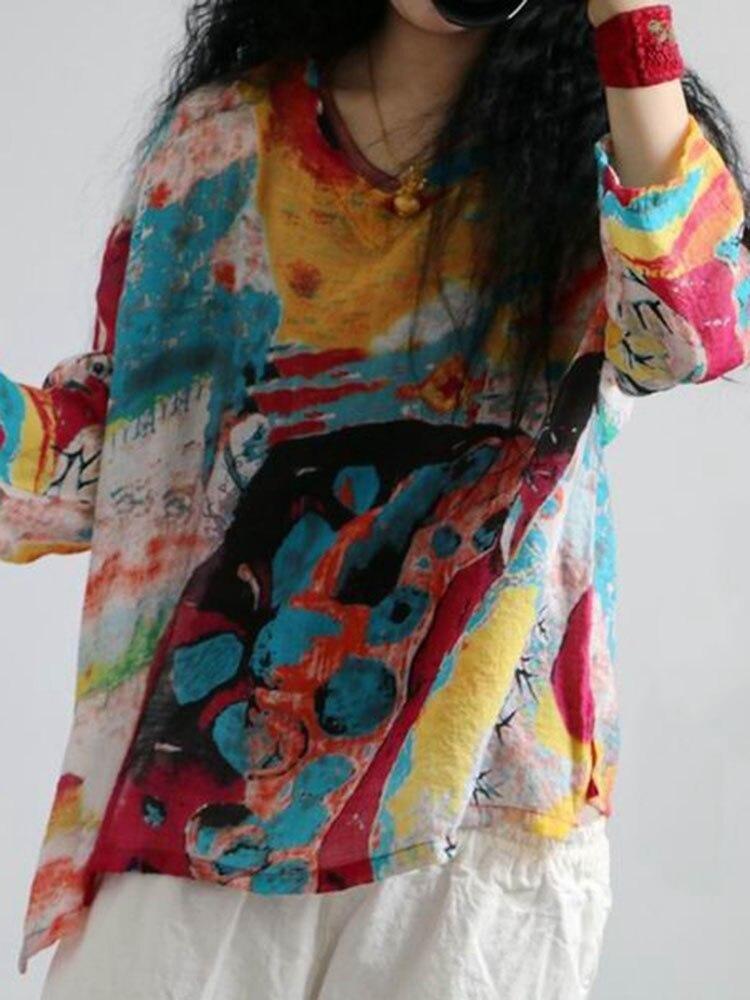 Vintage Floral Print Linen Tshirt Women Long Sleeve Loose Casual Summer Thin Tshirts Comfortable Fashion Top