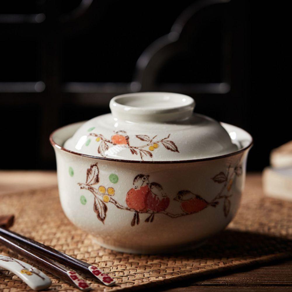 with Lid Japanese Style Ceramic Ramen Bowl 6.5inch Instant Noodle Bowl Elegant Soup Bowls Porridge