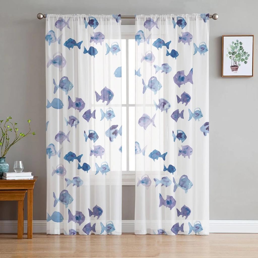 Carp Animal Fish Geometric Tulle Curtains For Living Room Sheer Curtain Bedroom Voile Decorative Window Treatments