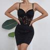 Dámské sexy mini bodycon šaty na špagetová ramínka s výstřihem do V, květinovou krajkou a průsvitnou spodničkou, párty klubové koktejlové šaty