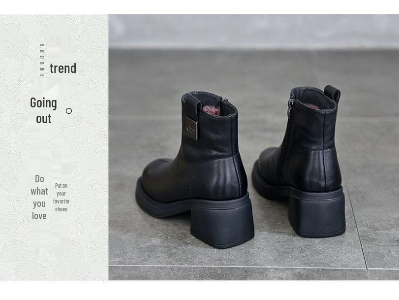 Women's British Style Velvet-Lined Leather Chunky Mid-Heel Winter Boots