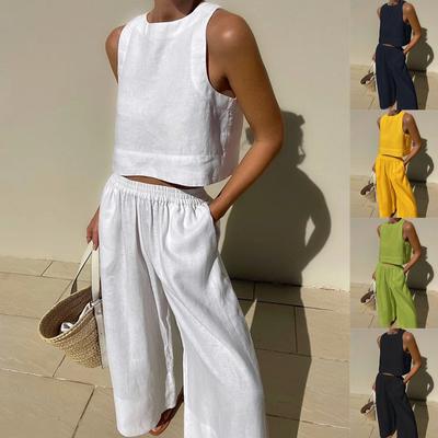 Casual Summer Two Piece Set Women Outfit  White Solid Loose Tank Crop Top Wide Leg Pants Suits Chic and Elegant Woman Sets