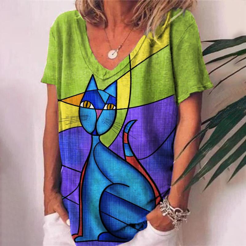 Kawaii Cute 3D Printed Cat Women's T-shirt Women's Clothing Short Sleeve V-neck Summer T-shirt