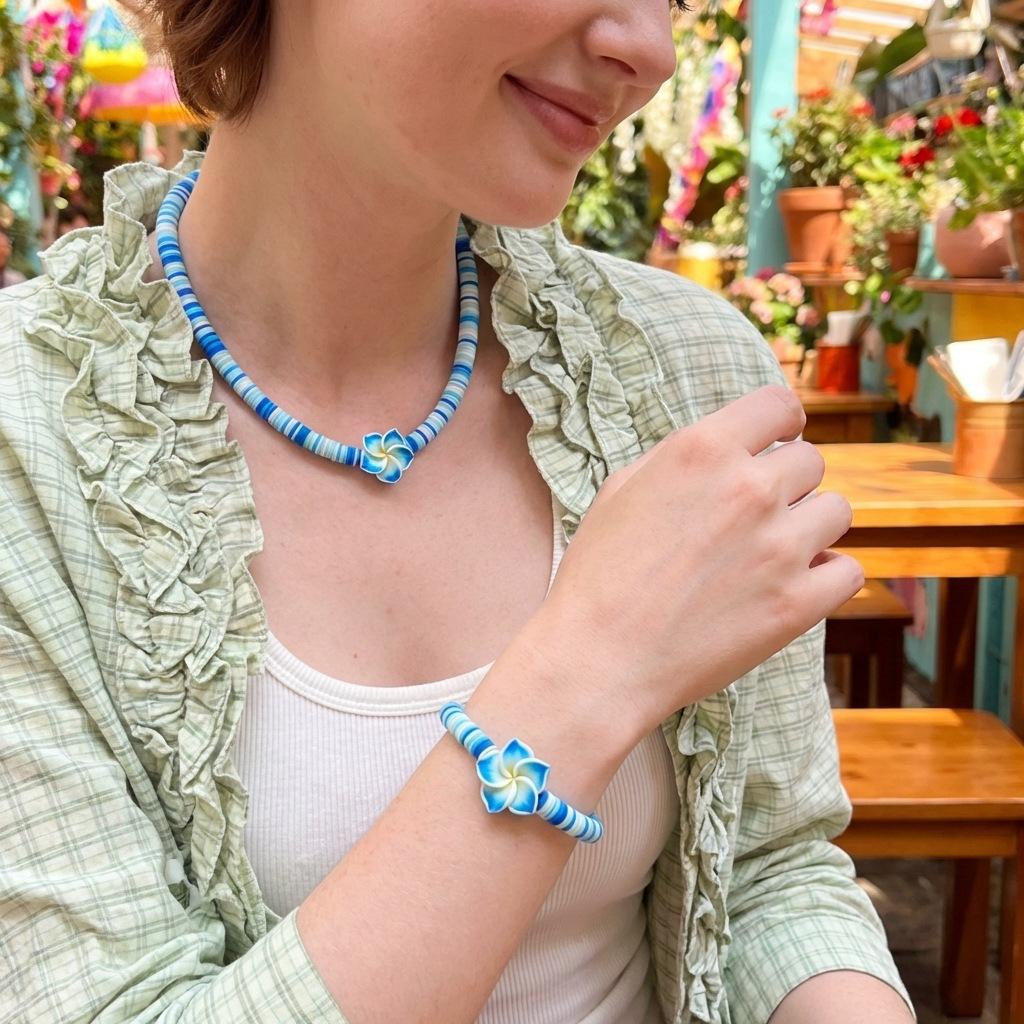 Bohemian beach vacation style colorful soft clay beaded necklace with plumeria pendant and handmade beaded bracelet set