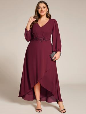 Ever-Pretty Women's Plus Size Waist Applique Lantern Sleeve Chiffon Evening Dresses with Asymmetrical Hem
