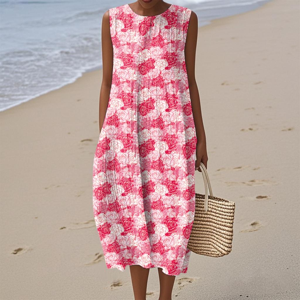 Women's Fashion Casual Sleeveless Round Neck Floral Elegant Temperament Dress