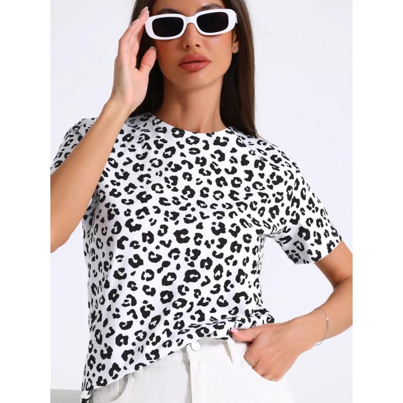 

Летний топ с круглым вырезом и 3D-леопардовым принтом, модные повседневные женские футболки с короткими рукавами XS