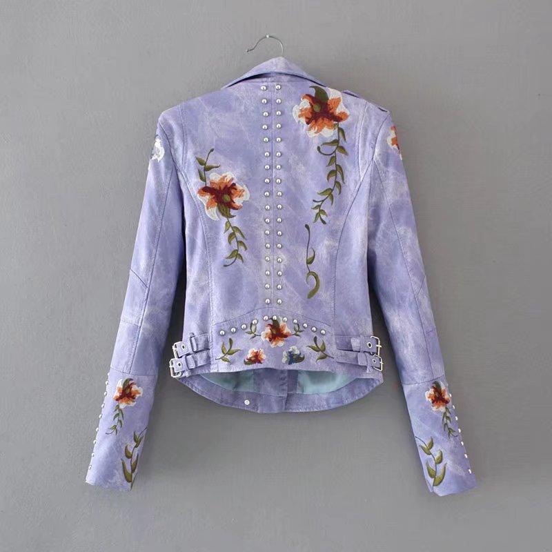 Turn-down Collar Pu Motorcycle Black Punk Outerwear Women Floral Print Embroidery Faux Soft Leather Jacket Coat