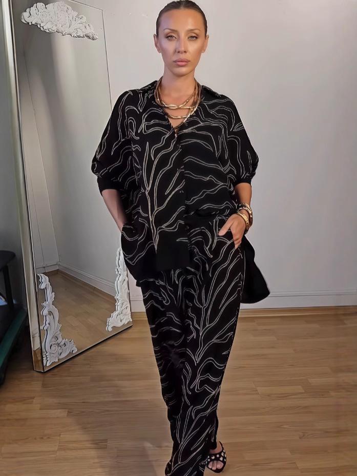 European & American Autumn Print Two-Piece Set: Long Sleeve Top & Wide Leg Pants