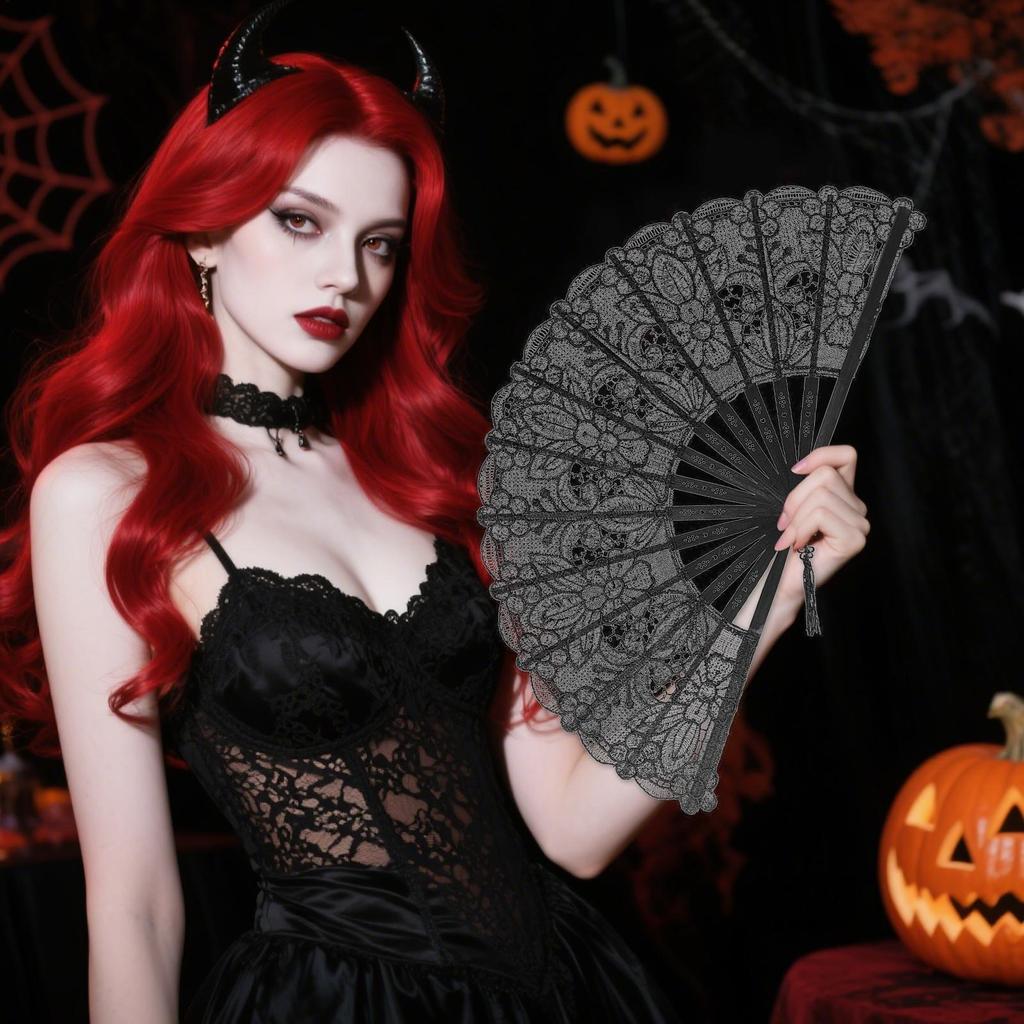 Black Fans Handheld Halloween Lace Fans Handheld Wedding Decoration Dancing Party Props For Family Friends Girls Daughter