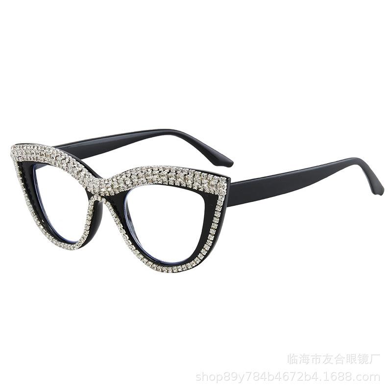 Personalized Hand-Set Diamond Cat Eye Anti-Blue Reading Glasses Retro Trend High-End Glasses