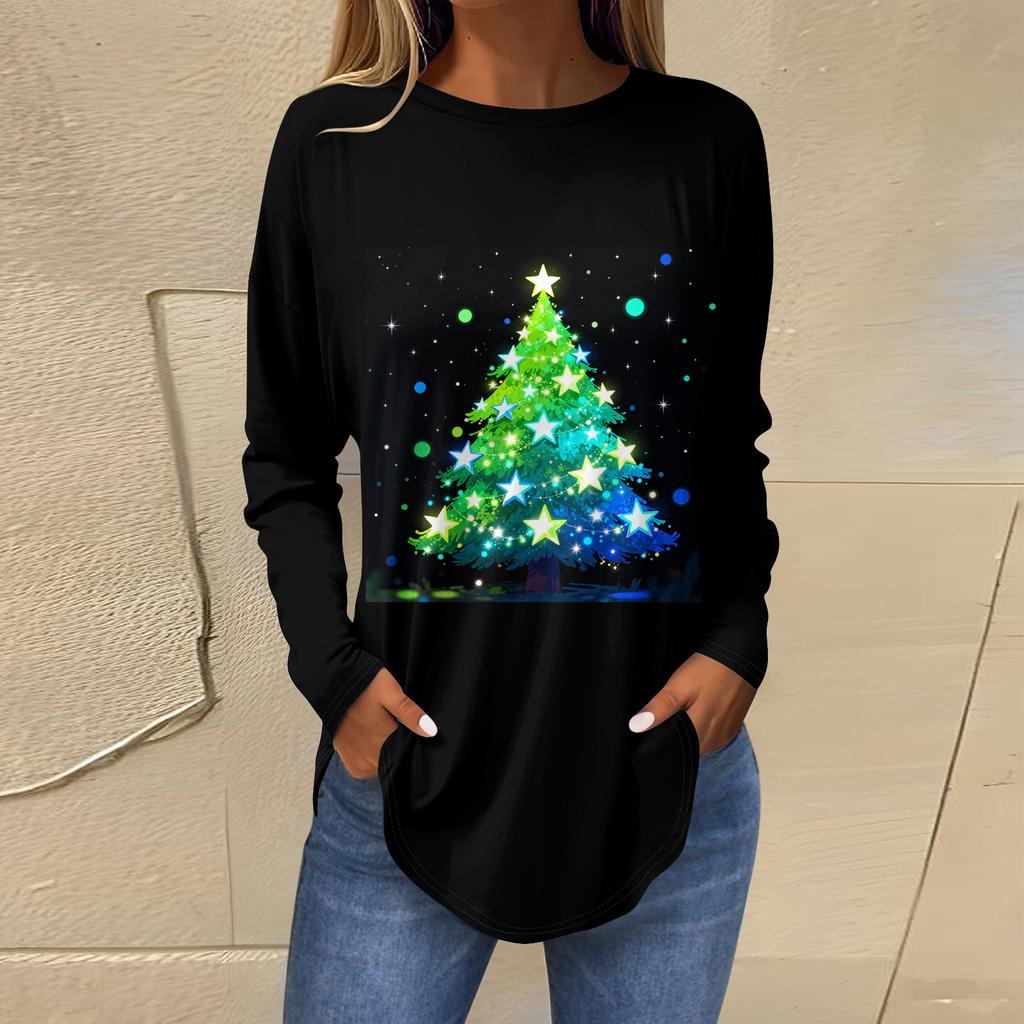 Dames Losse Comfortabele Casual Mode V-Hals Kerstprint Lange Mouw Hoodie