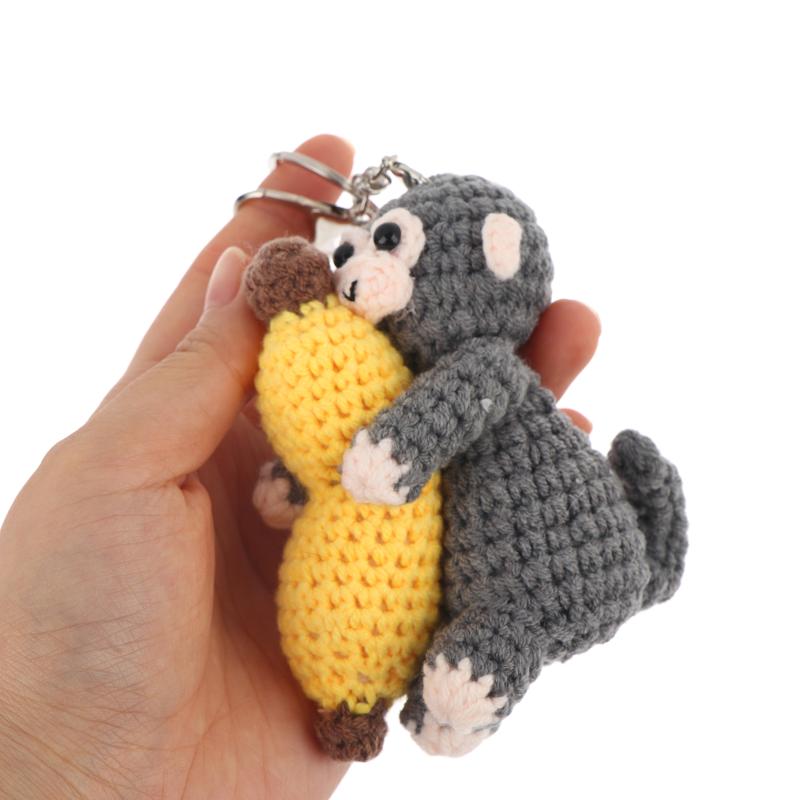 Cute Crochet Monkey Banana Keychain Handmade Knitted Animal Bag Charm Backpack Pendant Key Holder Lovely Gifts