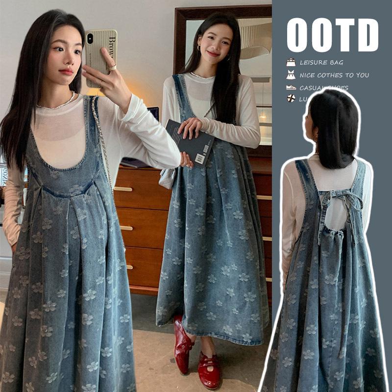 2026 Spring Sweet Floral Korean Denim Overalls Skirt Set XL