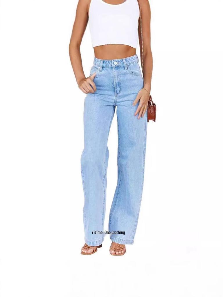 Women's 2025 New Arrival Elastic Wide-Leg Straight Denim Fashionable Washed Jeans