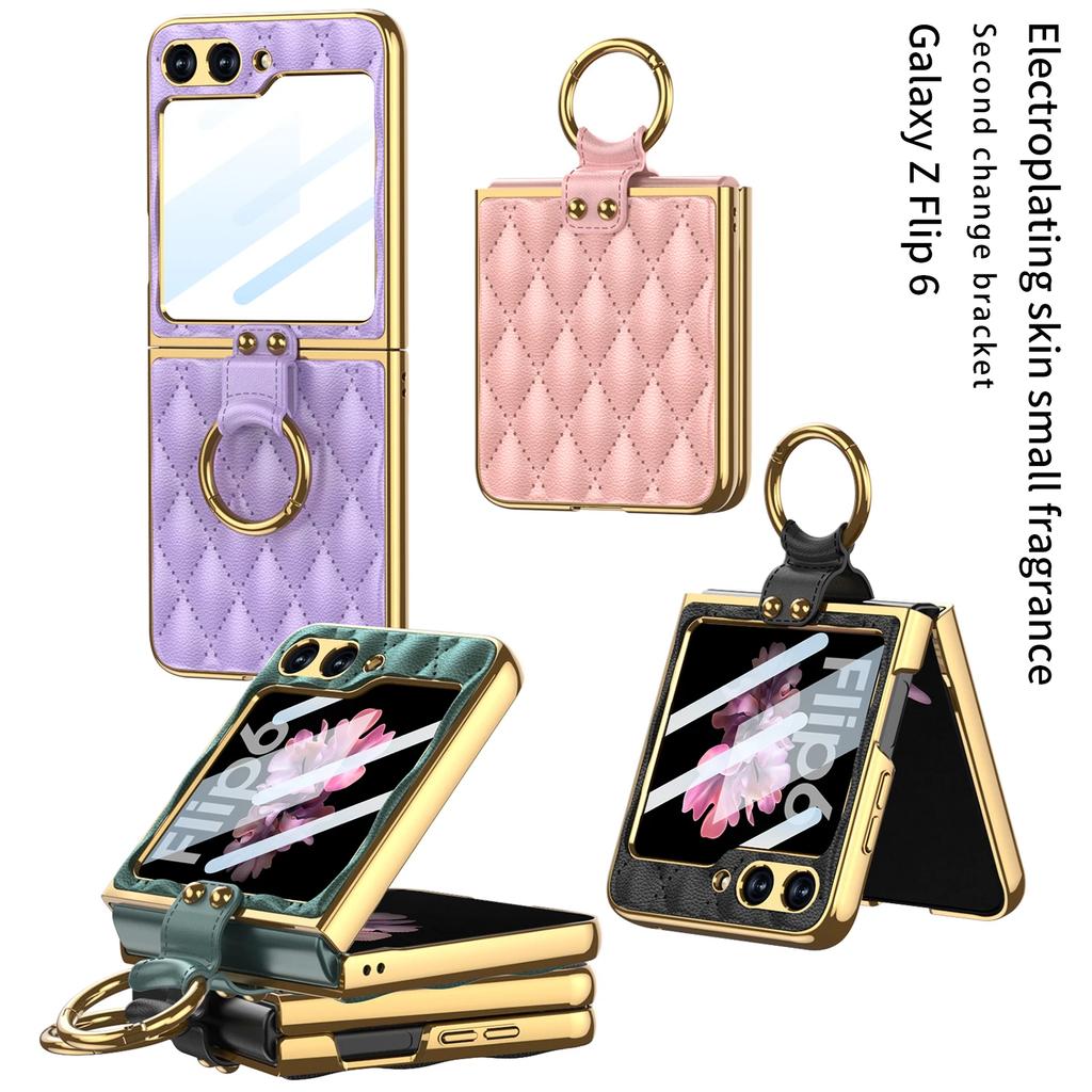 For Samsung Galaxy Z Flip 6 5 Case Diamond Leather Ring Holder Back Screen Protector Plating Edge Cover for Galaxy Z Flip6 Case