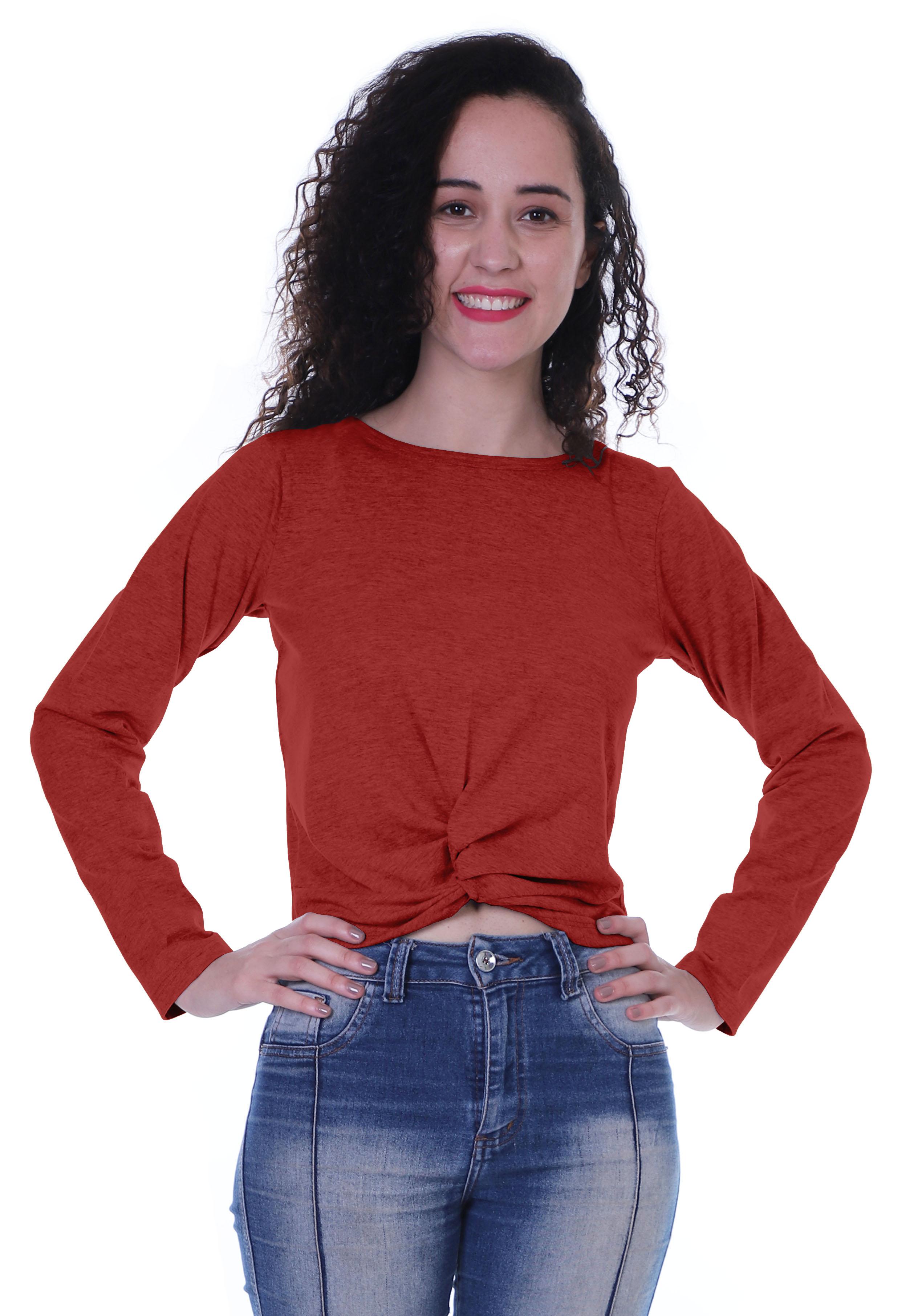 

Moomaya Womens Full Sleeves Front Knot Crop Top Summer Tshirt Plain Tee Tops XS червоний