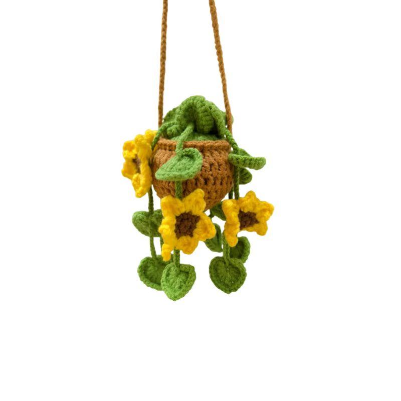 Panier à Plantes Fraise et Fleur au Crochet Ornements Suspendus pour Voiture, Accessoires Suspendus Mignons Tricotés à la Main pour Rétroviseur de Voiture pour Femmes