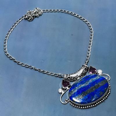 Natural Lapis Lazuli, Amethyst Gemstone 925 Sterling Silver Necklace 18" N3D25