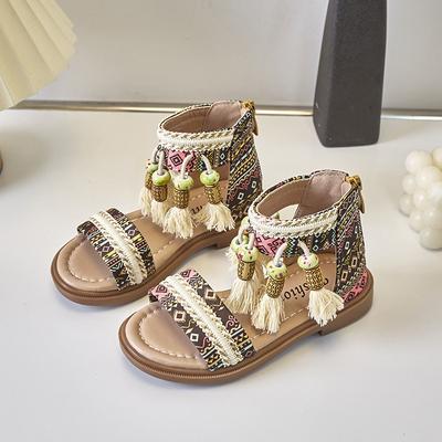Kids Sandals 2024 Summer New Fashion Girls Versatile Princess Shoes Children's Ethnic Style Tassels Soft Sole Shoes for Vacation