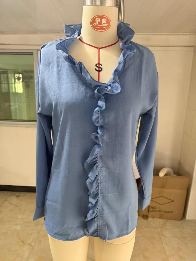 European Spring 2026 Women's Ruffle Trim Long-Sleeve Cotton Shirt