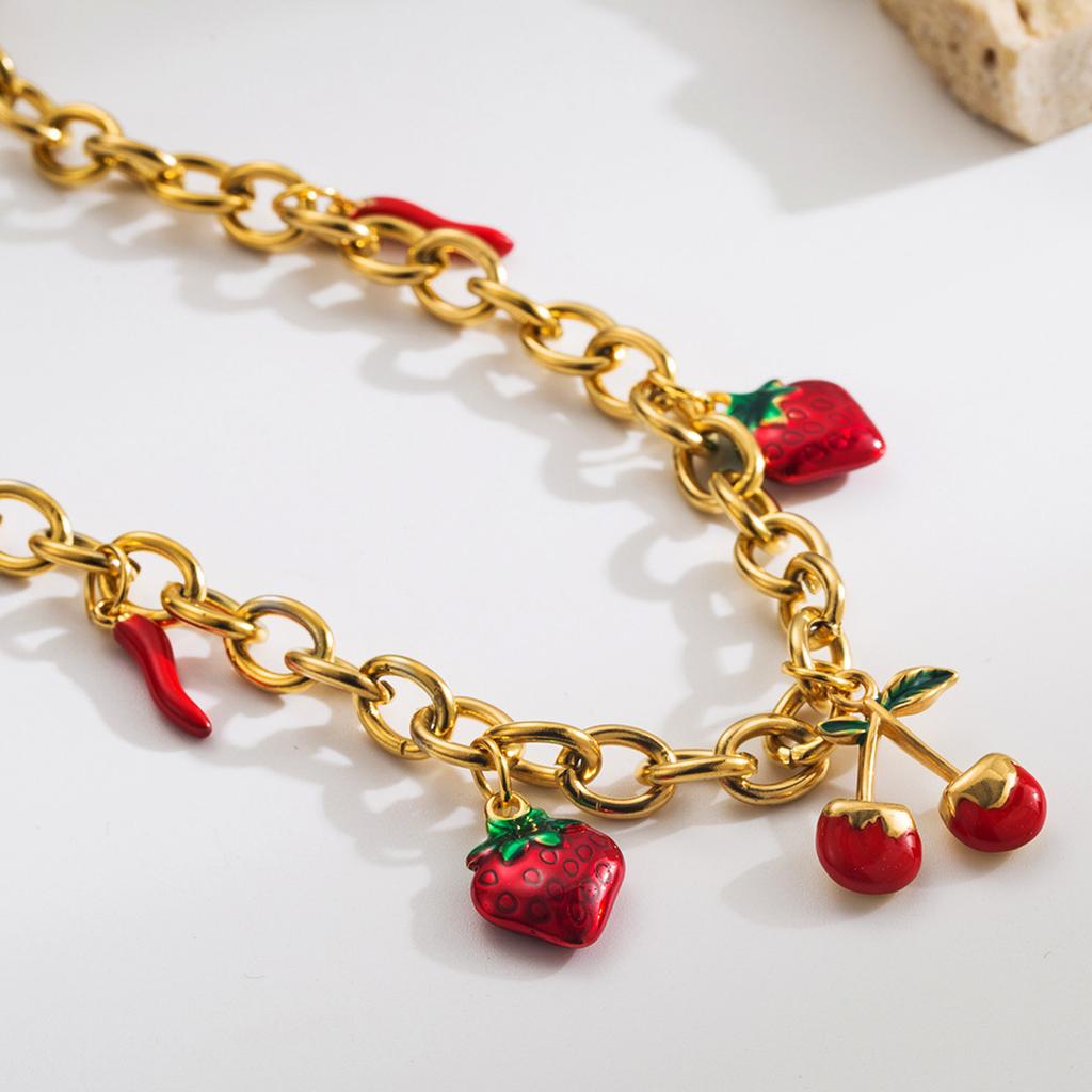 Stylish Titanium Steel Cherry Strawberry Pendant Necklace Adjustable Chain Lightweight Design Perfect For Daily Wear