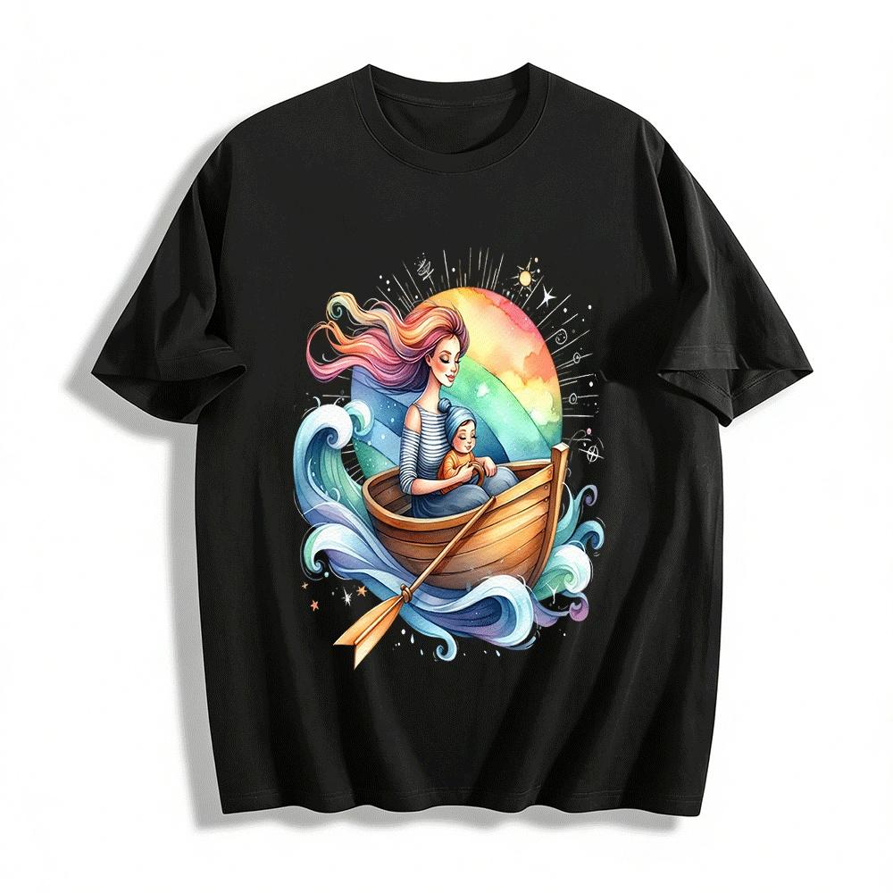 

Gentle Mother Child Sailing Print Casual Top Pure cotton T-shirt 6XL