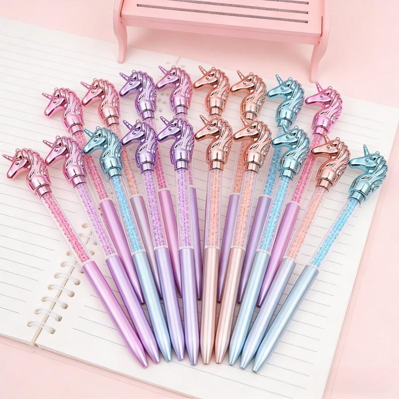 4Pcs Cute Unicorn Crystal Ballpoint Pens Creative Diamond Rotating Blue Writing Ballpoint Pen Unicorn Cat Love Style