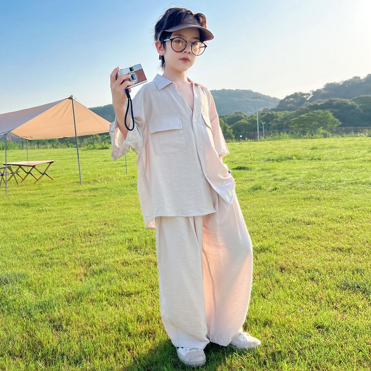 Boys' Summer 2026 Casual Korean Style Two-Piece Set – Short Sleeve & Long Pants