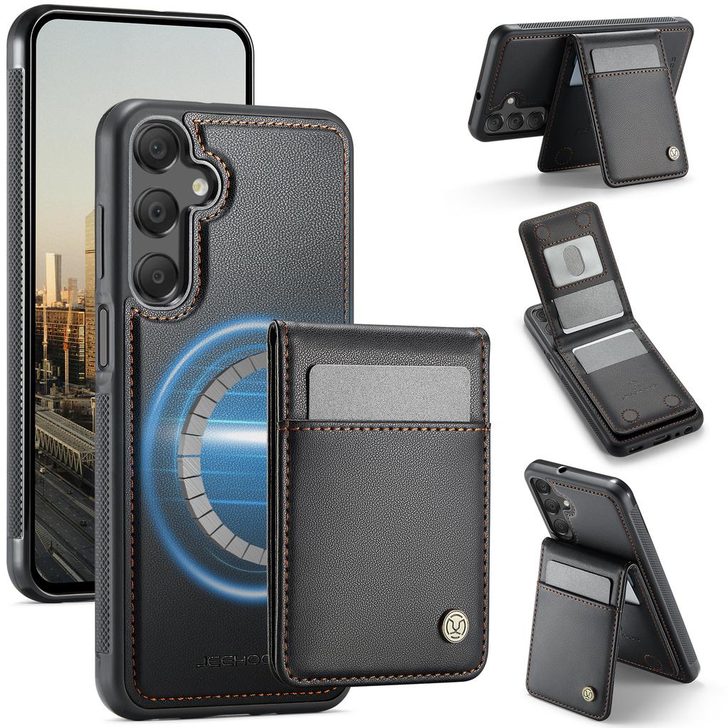 For Samsung Galaxy A15 5G/Galaxy A15 4G Leather Back Cover Compatible with MagSafe JEEHOOD J06 Phone Case with Card Bag RFID Blocking