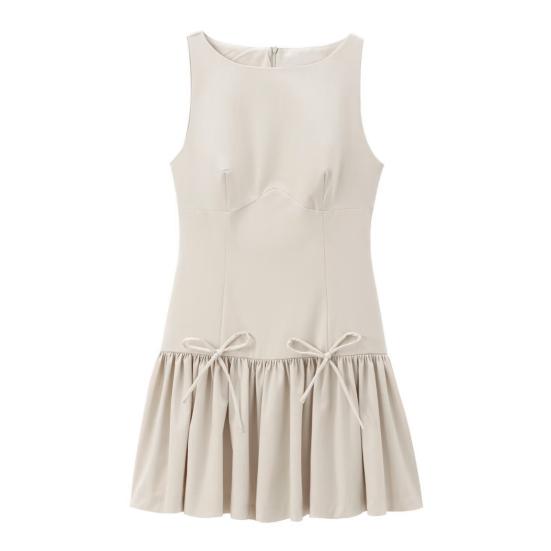 Women Summer Dress Sleeveless Bow Decor Pleated A-line Solid Color Mini Dress Back Zipper Closure O Neck Vest Dress for Dating Party