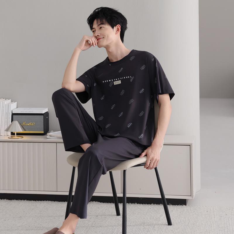 Men s Summer Short Sleeve Ice Silk Pajama Set