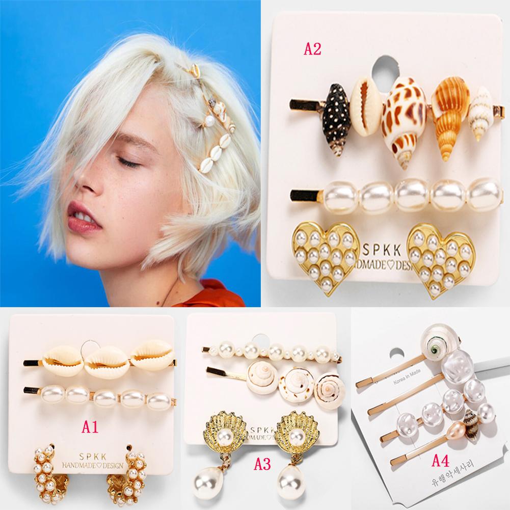 Ocean Style Pearl Bead Shell Hair Clip Earings Set