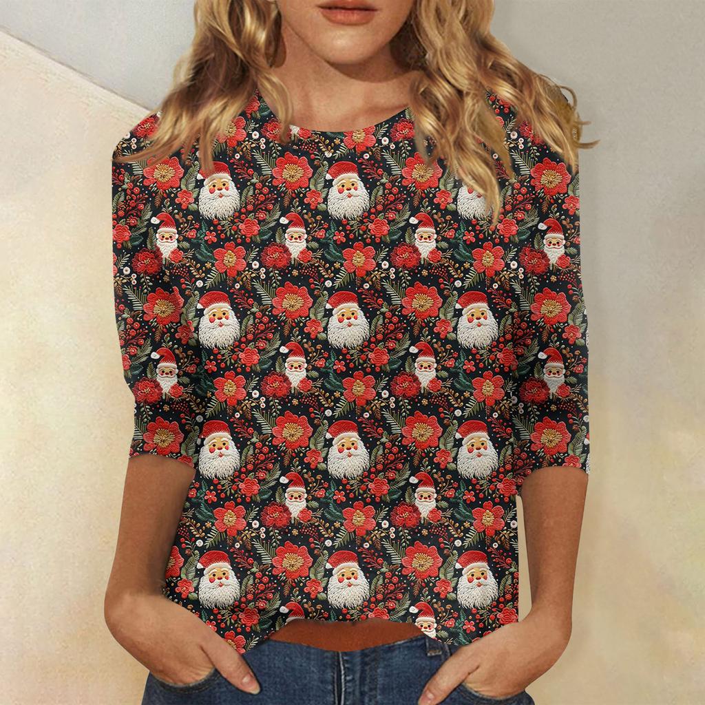 Women's Fashionable Casual Three-Quarter Sleeve Christmas Print Round Neck Top