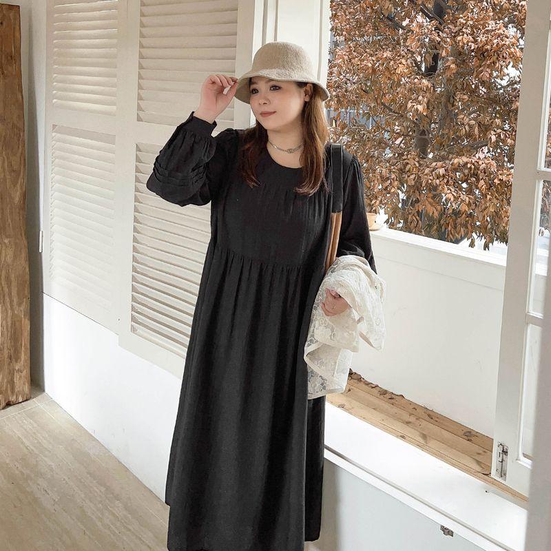 

Plus size women clothing [Maillard Wear] Early Autumn New Texture Temperament 100.00kg round Neck Long sleeve dress Single Piece-Black 7xl