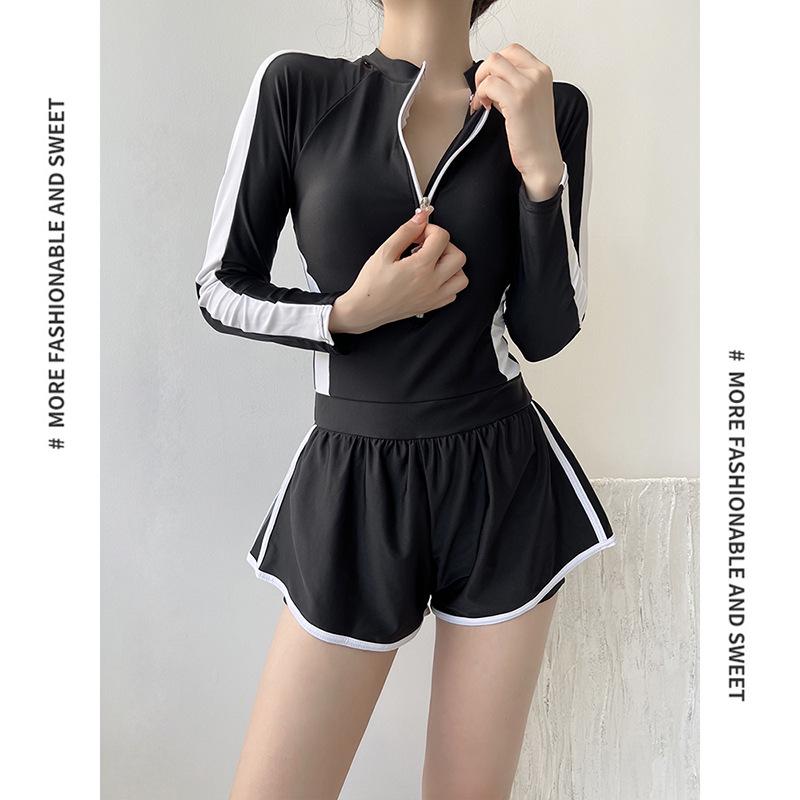 Conservative Long Sleeve Swimwear: Slimming Tummy Control Boyleg One-Piece for Female Students
