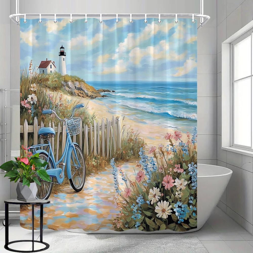 Coastal Lighthouse Shower Curtain, Beach Theme Shower Curtain with Blue Wooden Boats and Seagulls, Bathroom Decor with Hooks