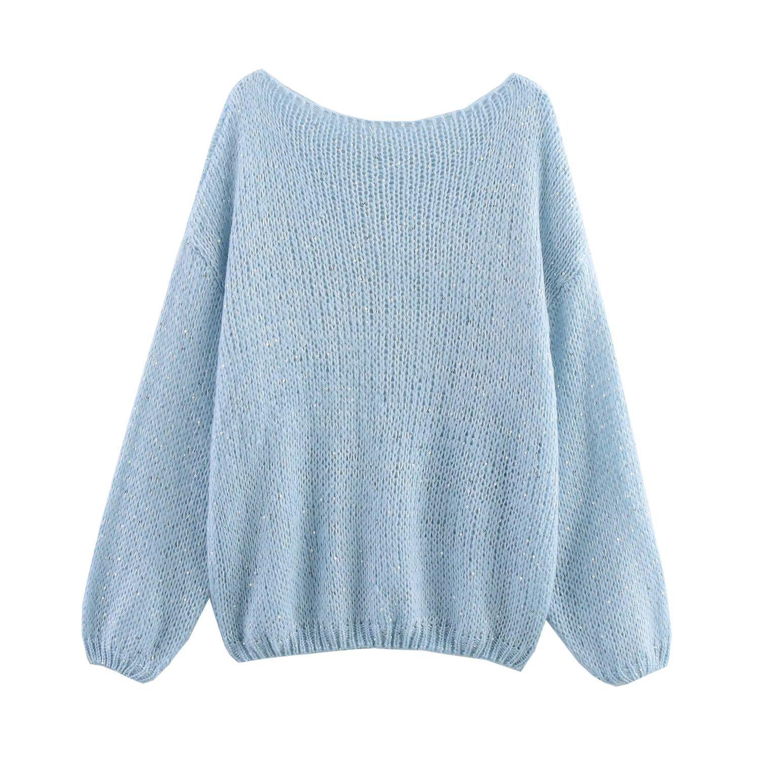 

Женский трикотажный пуловер с пайетками в европейско-американском стиле, весна 2025: Универсальный топ свободного кроя с длинным рукавом и круглым вырезом Large синий