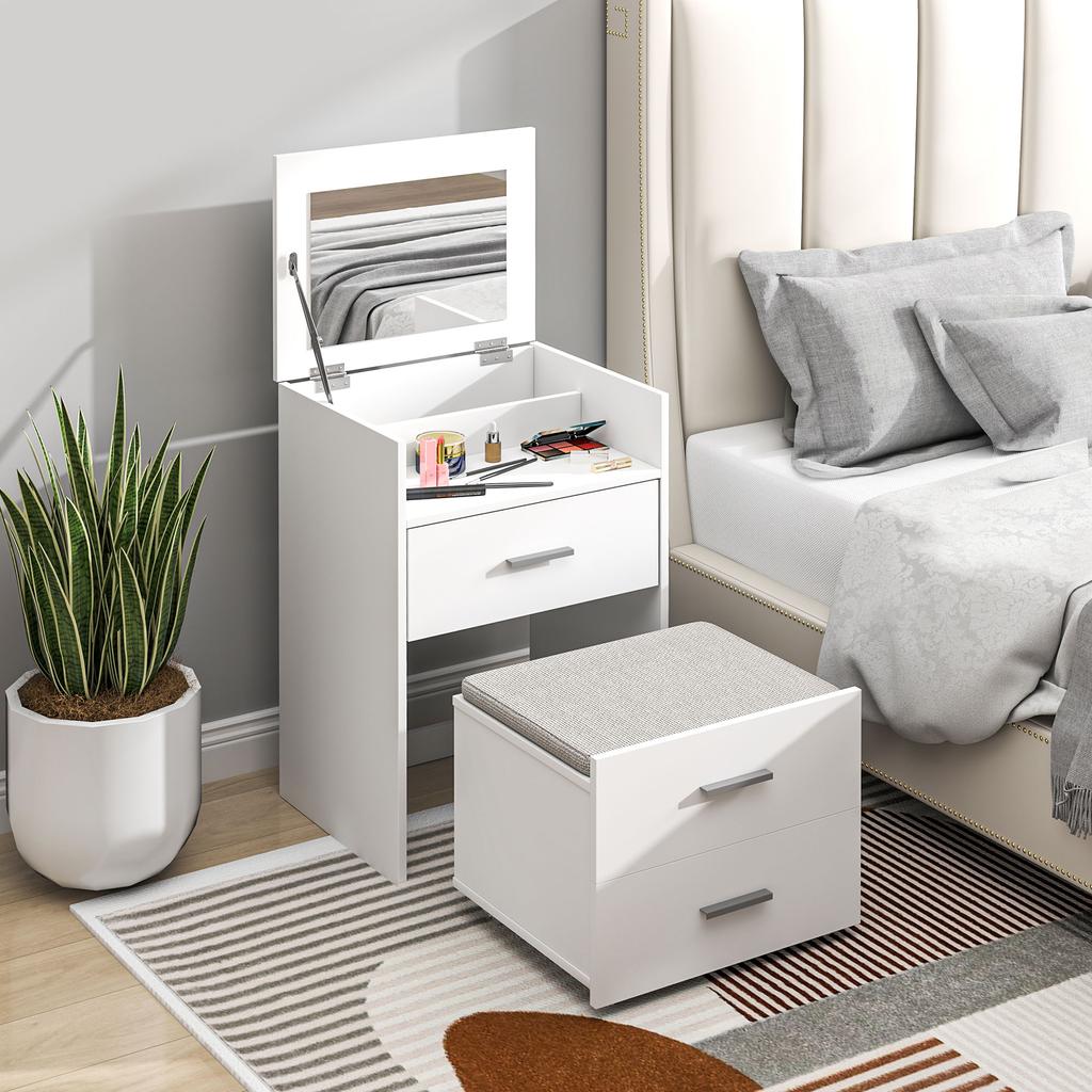 Toeletta da Trucco in Legno con Specchio Ribaltabile, 2 Cassetti e Sgabello, 50x40x113,5 cm, Bianco